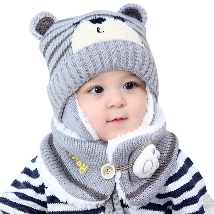 UniKids Cartoon Bear Stripe Hats And Scarf Baby Cap Set Girl Boy Cap Scarf Set Child Winter Earmuffs Hat Scarf Warm Suit